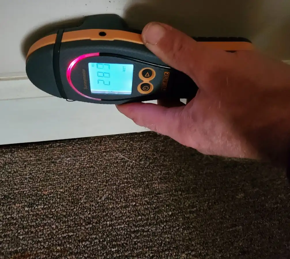 Moisture detection at baseboard during Storm Damage Restoration in The Meadows